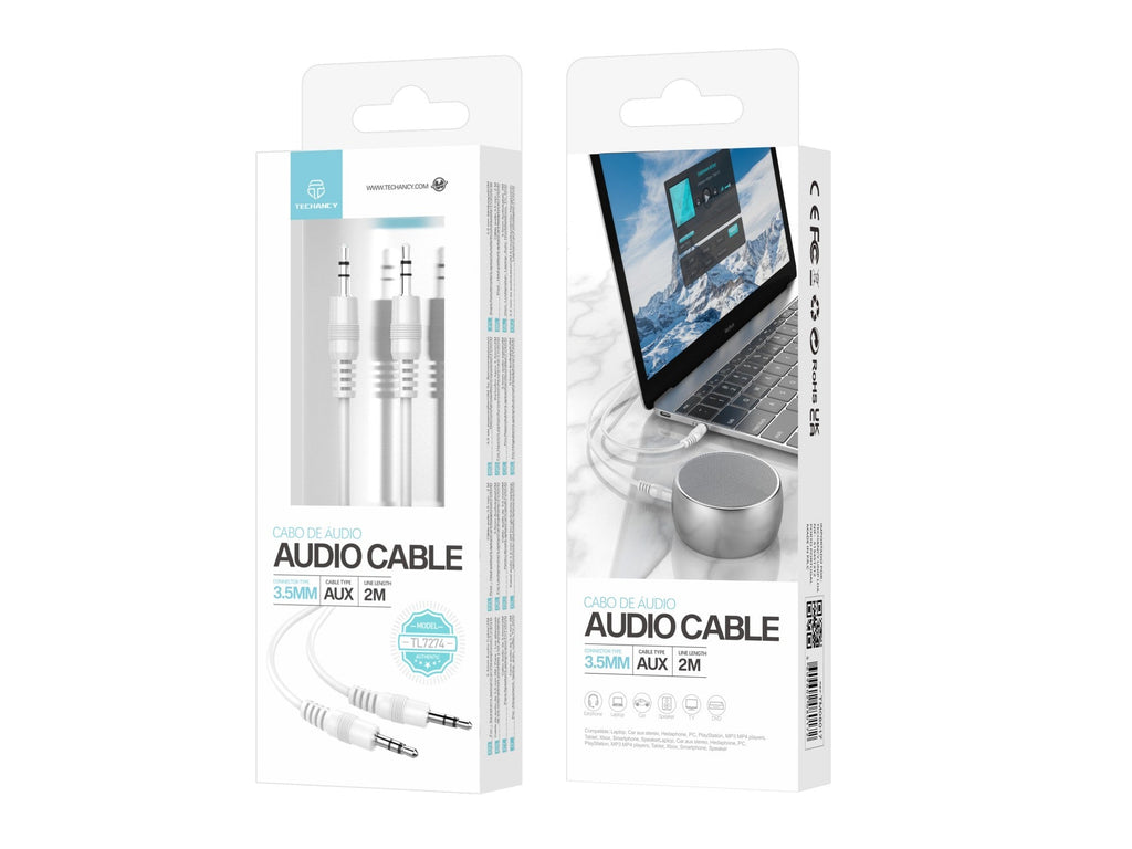 Techancy Cabo De Áudio De 3,5 Mm Branco  TL7274, 2 Metro, Para Colunas, Computadores, Automóveis, Auscultadores E Dvds, Etc.